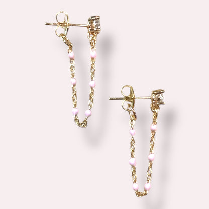 Pink Enamel Chain Stud Earrings