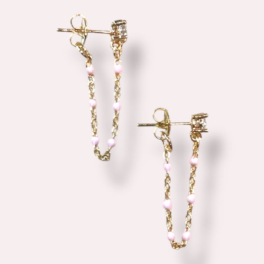 Pink Enamel Chain Stud Earrings